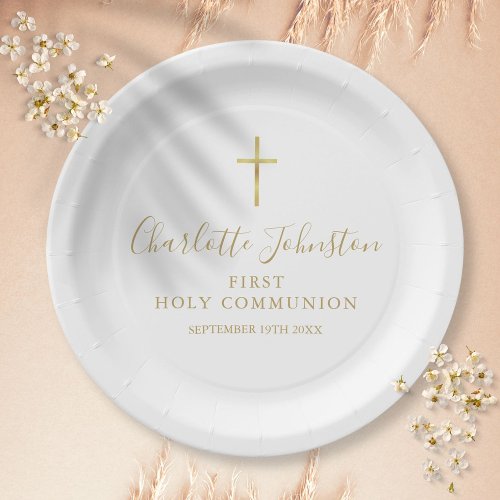 First Holy Communion Golden Signature Script Paper Plates
