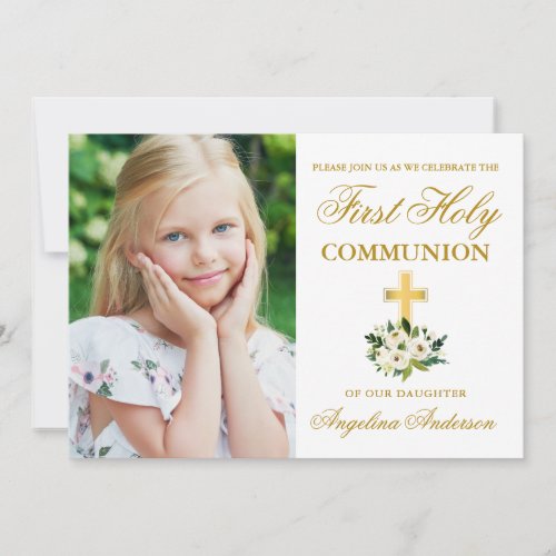 First Holy Communion Green Floral Photo Invitation