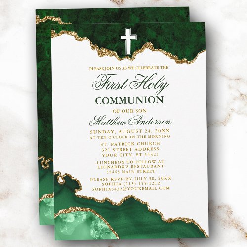 First Holy Communion Green Gold Marble Geode Invitation
