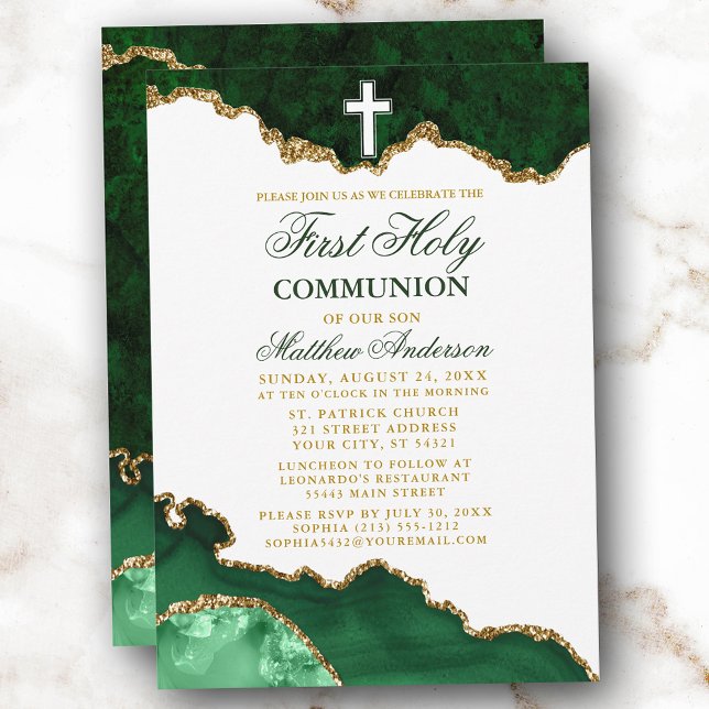 First Holy Communion Green Gold Marble Geode Invitation (Customize to change text color,  size or text style.)