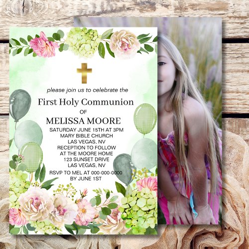 First Holy Communion Green Hydrangea Pink Floral  Invitation