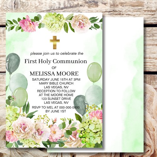 First Holy Communion Green Hydrangea Pink Floral  Invitation