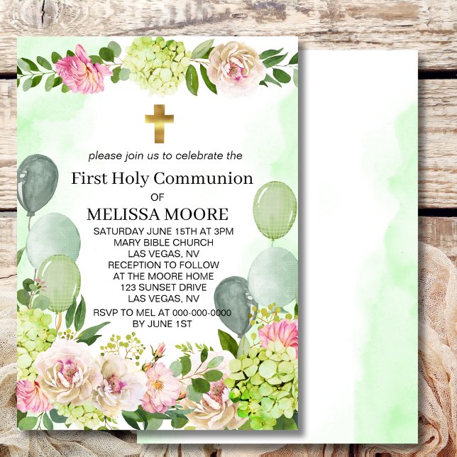 First Holy Communion Green Hydrangea Pink Floral  Invitation (Creator Uploaded)