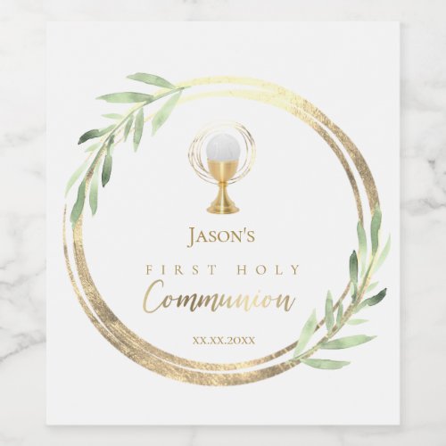 First Holy communion green leaves faux gold foil   Wine Label