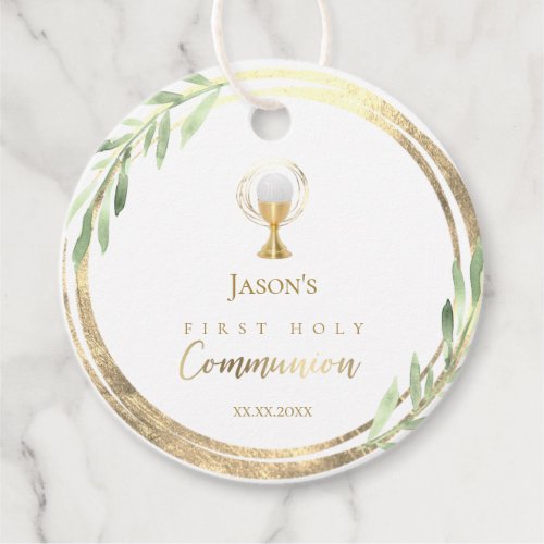 First Holy communion green leaves gold foil  Favor Tags