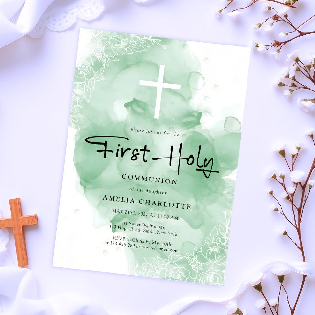 First Holy Communion Green Watercolor Invitation (Creator Uploaded)