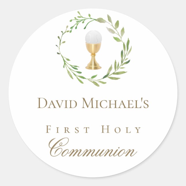 First Holy Communion green wreath  Classic Round Sticker (Front)