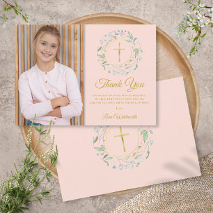 First Holy Communion Greenery Blush Pink Photo Thank You Card