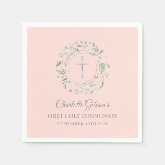 First Holy Communion Greenery Blush Pink Silver Napkins (Front)
