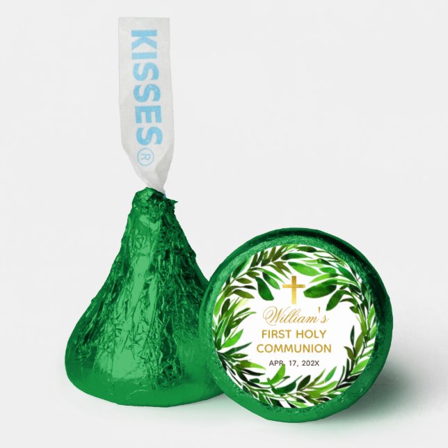 First Holy Communion Greenery Catholic Gold Cross  Hershey®'s Kisses® (Front)