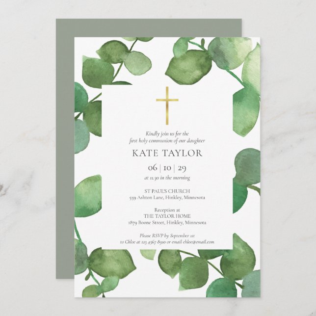 First Holy Communion Greenery Eucalyptus Invitation (Front/Back)