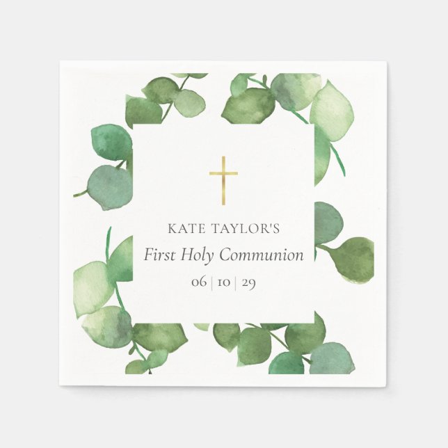 First Holy Communion Greenery Eucalyptus  Napkins (Front)