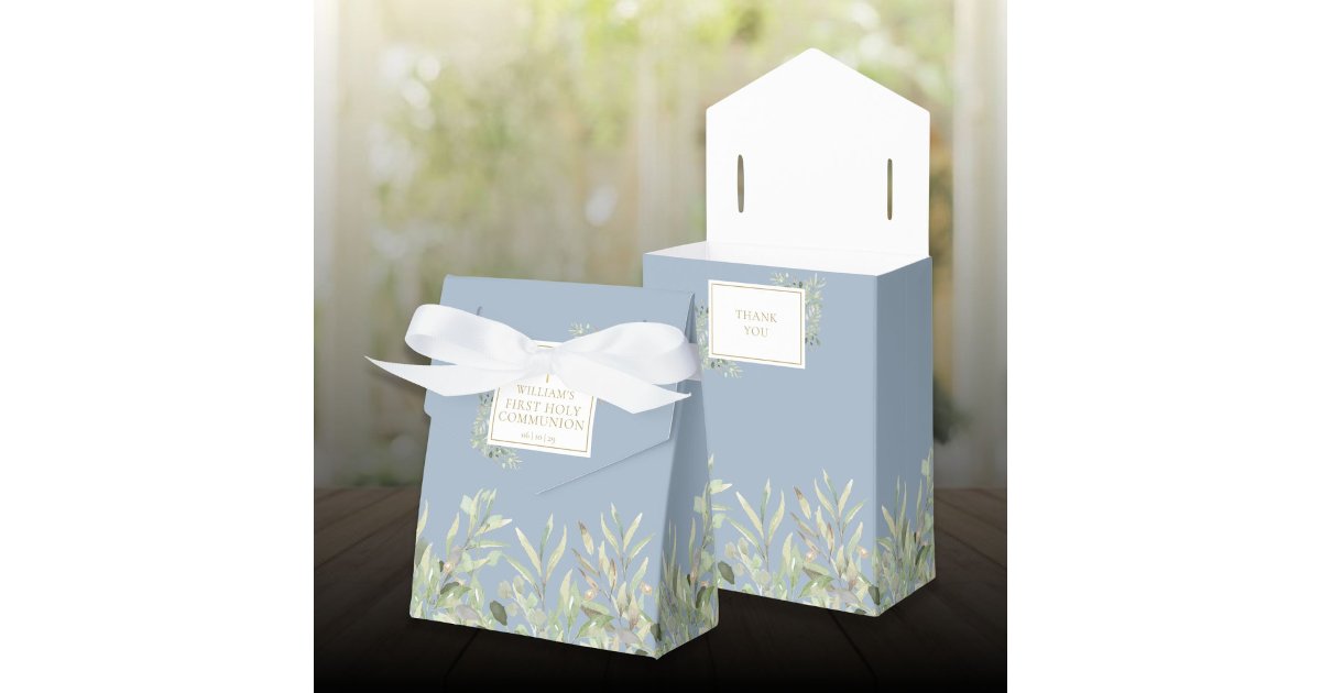 First Holy Communion Greenery Foliage Blue Favor Boxes | Zazzle