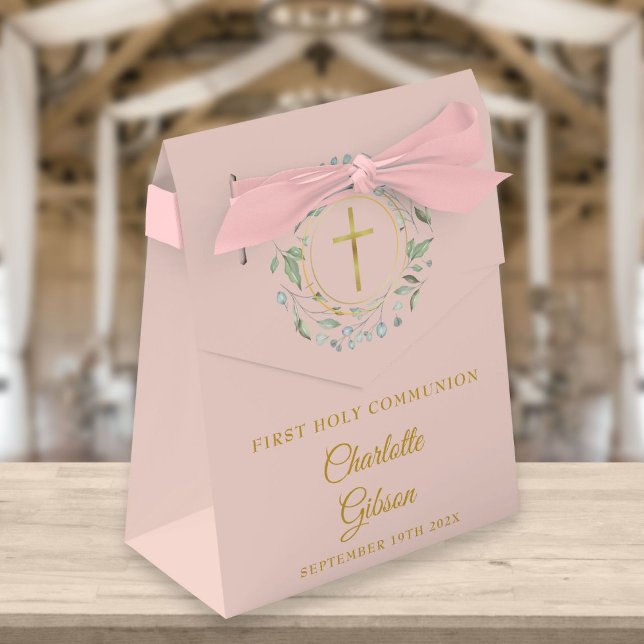 First Holy Communion Greenery Garland Blush Pink Favor Boxes (Creator Uploaded)