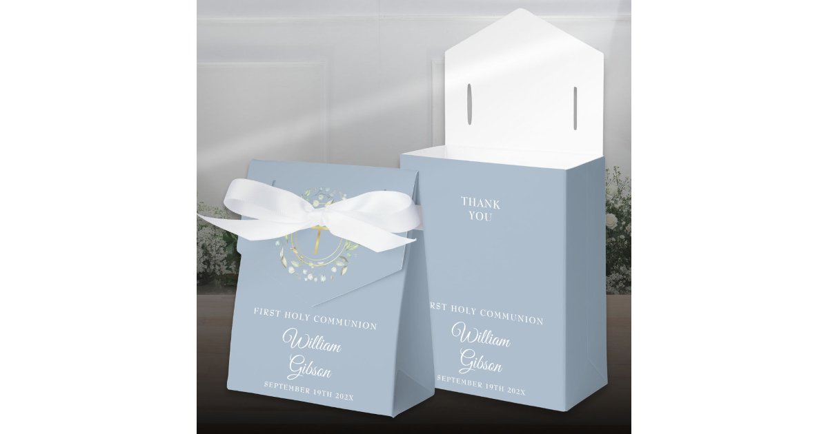 First Holy Communion Greenery Garland Dusty Blue Favor Boxes | Zazzle