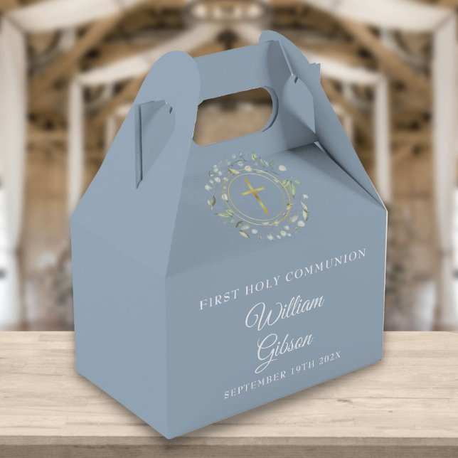 First Holy Communion Greenery Garland Dusty Blue Favor Boxes (Creator Uploaded)
