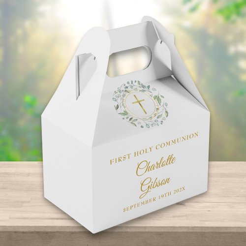 First Holy Communion Greenery Garland Gold Script Favor Boxes