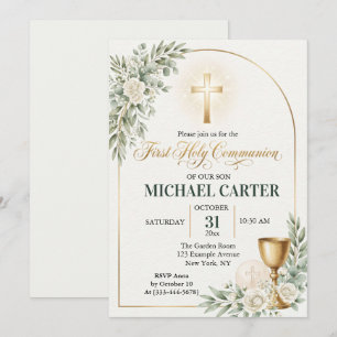 First Holy Communion Greenery Gold Arch Invite
