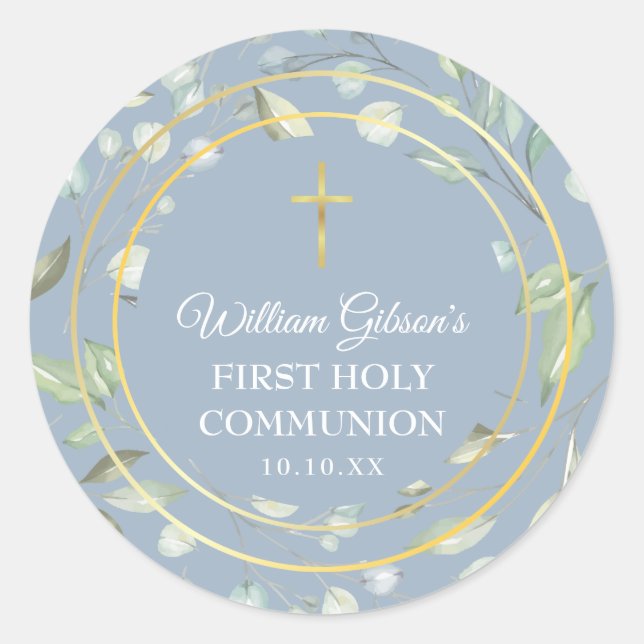  First Holy Communion Greenery Gold Cross Blue Classic Round Sticker (Front)