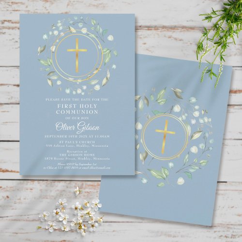 First Holy Communion Greenery Gold Cross Blue Save The Date