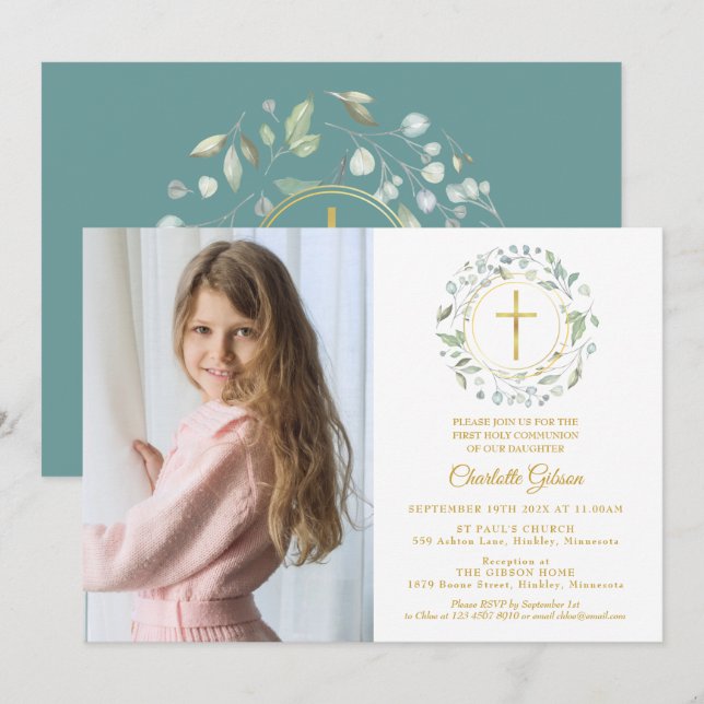First Holy Communion Greenery Gold Cross Photo Invitation (Front/Back)