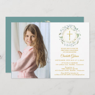 First Holy Communion Greenery Gold Cross Photo Invitation