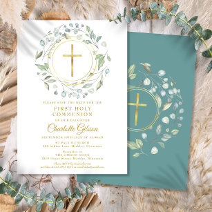 First Holy Communion Greenery Gold Cross Save The Date
