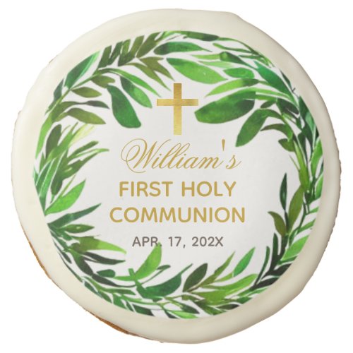 First Holy Communion Greenery Gold Gender Neutral Sugar Cookie