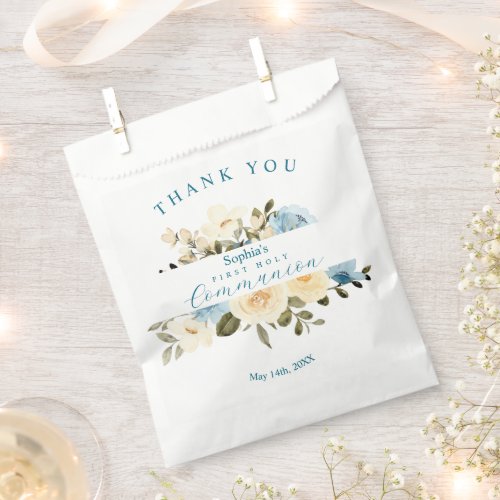 First Holy Communion Greenery Ivory Blue Flowers Favor Bag