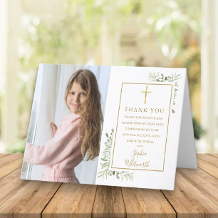 First Holy Communion Greenery Photo Letterpress Thank You Card