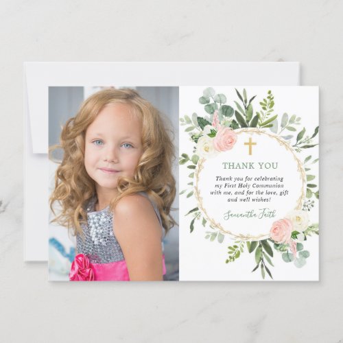 First Holy Communion greenery pink photo thank you Invitation