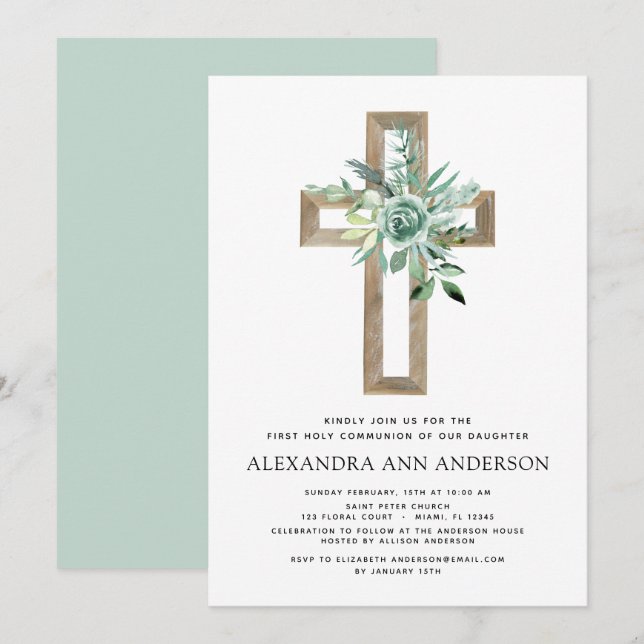 First Holy Communion Greenery Sage Eucalyptus Invi Invitation (Front/Back)