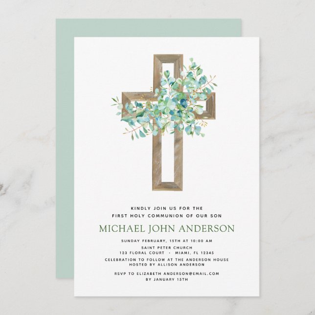 First Holy Communion Greenery Sage Eucalyptus Invi Invitation (Front/Back)