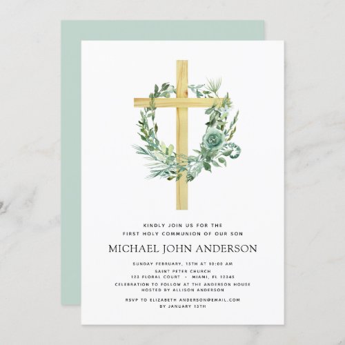 First Holy Communion Greenery Sage Eucalyptus Invi Invitation