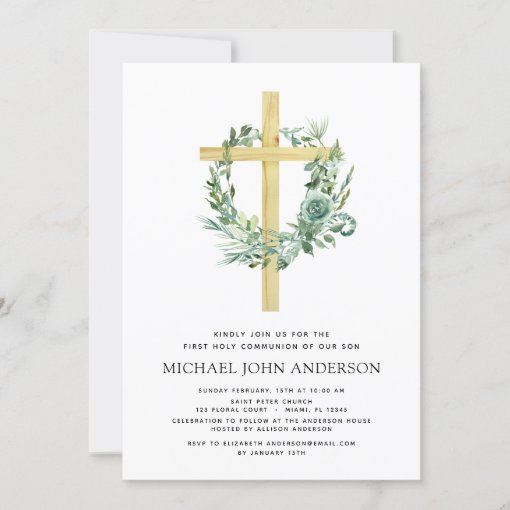 First Holy Communion Greenery Sage Eucalyptus Invi Invitation | Zazzle