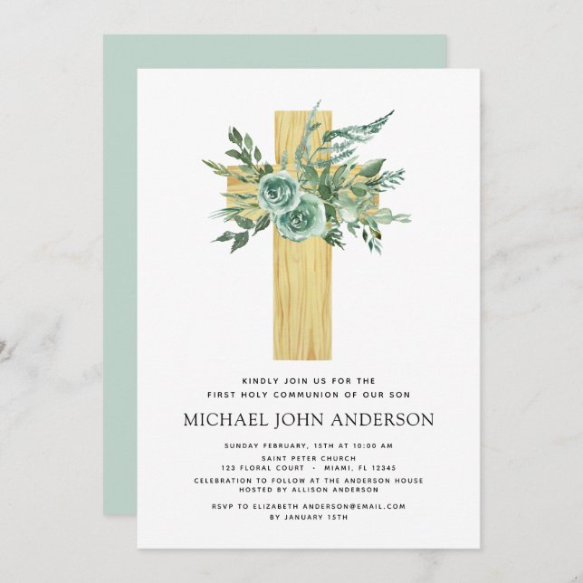 First Holy Communion Greenery Sage Eucalyptus Invi Invitation (Front/Back)