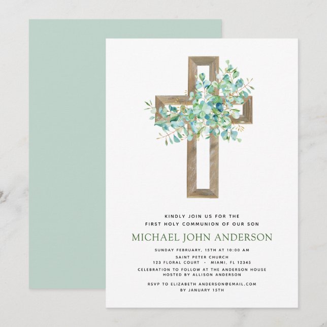 First Holy Communion Greenery Sage Eucalyptus Invi Invitation (Front/Back)