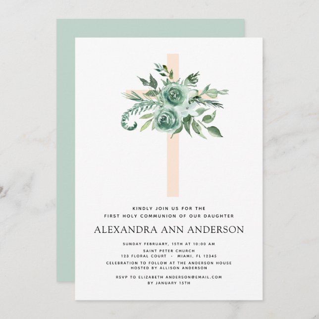 First Holy Communion Greenery Sage Eucalyptus Invi Invitation (Front/Back)
