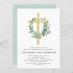 First Holy Communion Greenery Sage Eucalyptus Invi Invitation