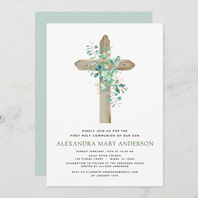 First Holy Communion Greenery Sage Eucalyptus Invitation (Front/Back)