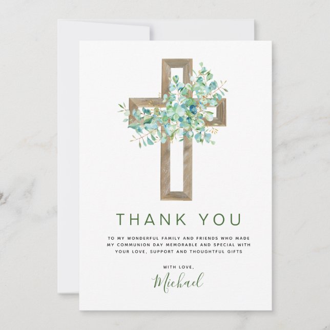 First Holy Communion Greenery Sage Thank You Card (Front)