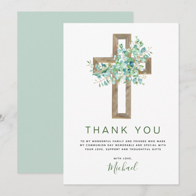 First Holy Communion Greenery Sage Thank You Invitation (Front/Back)
