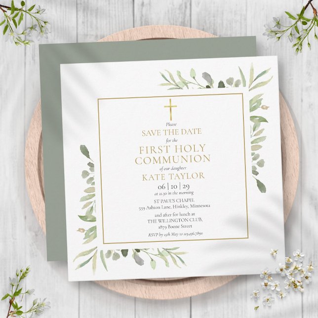 First Holy Communion Greenery Square Save The Date (First Holy Communion Greenery Sqaure Save The Date)