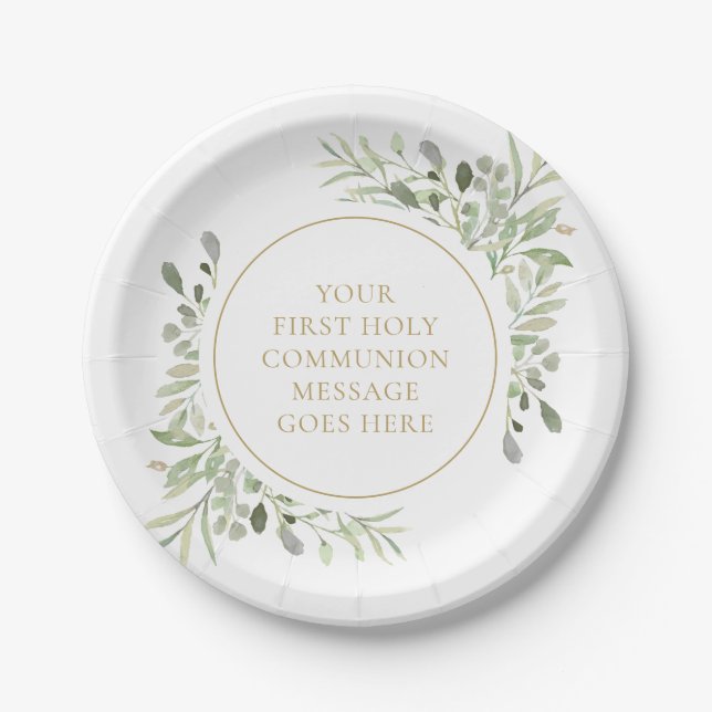 First Holy Communion Greenery Watercolor Gold Paper Plates (Front)