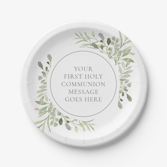 First Holy Communion Greenery Watercolor Paper Plates (Front)