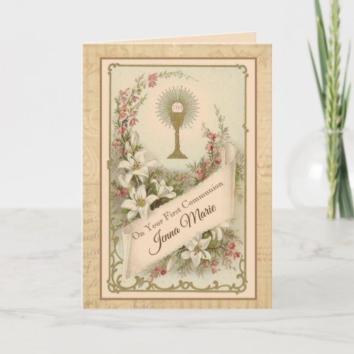 First Holy Communion Host Chalice Vintage Roses Holiday Card