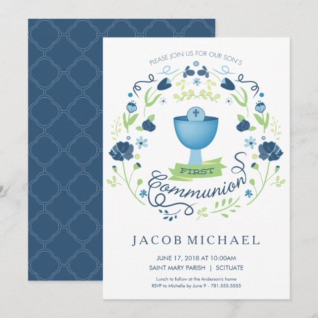 First Holy Communion Invitation Boy's Invite Card (Front/Back)