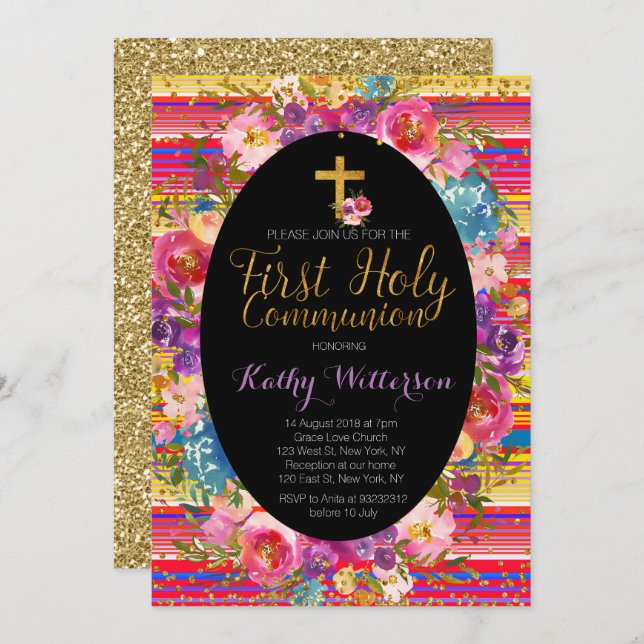First Holy Communion Invitation Colorful Fiesta (Front/Back)