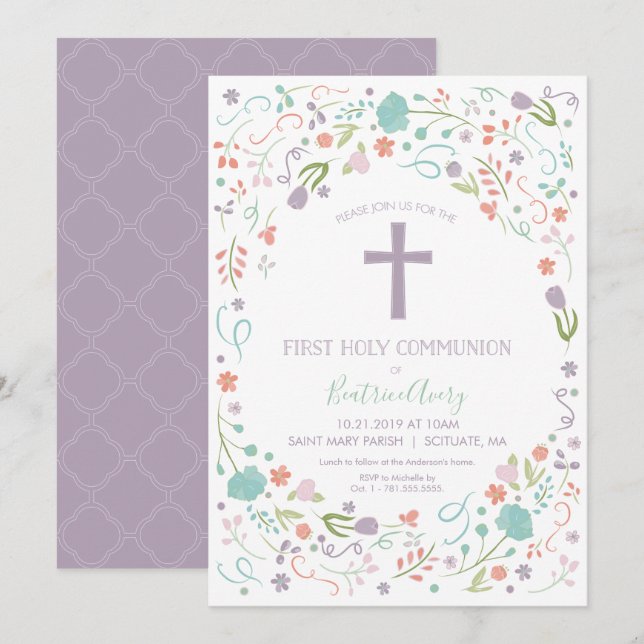 First Holy Communion Invitation, Customize, Floral Invitation (Front/Back)