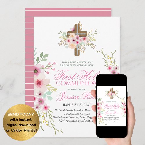 First HOLY Communion Invitation Floral Cross Pink